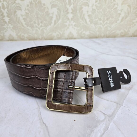 MICHAEL Michael Kors Sz Small Brown Leather Alligator Print Belt Gold Trim NWT - Picture 1 of 12